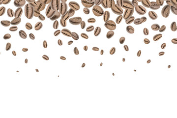 Coffee falling bean background. Black espresso coffee bean flying on white. Aromatic grain fall isolated. Represent breakfast for energy and freshness concept.