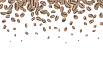 Coffee falling bean background. Black espresso coffee bean flying on white. Aromatic grain fall isolated. Represent breakfast for energy and freshness concept.