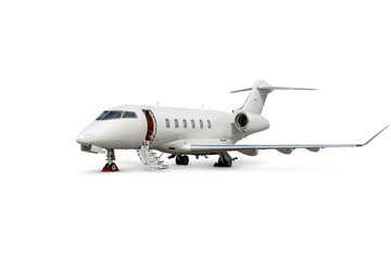 Luxury executive aircraft with an opened gangway door isolated on white background