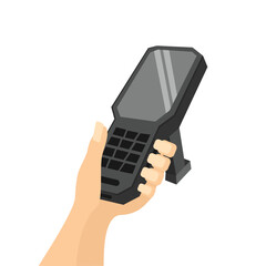 Handheld data collection terminal in hand scans barcodes on a box in a warehouse, inventory control, barcode scanner, qr codes, isolated Laser scanner of a data collection terminal white background