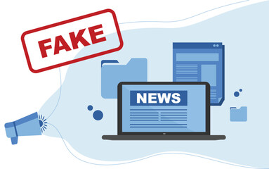 propaganda fake news, news laptop, news column, journalist articles, bullhorn fake news, tabloid press, fake news spreading concept. Deception on the Internet and social networks. Misinformation is be - obrazy, fototapety, plakaty
