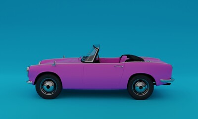 Plakat 3d illustration, convertible old car, classic, pink color, blue background, 3d rendering