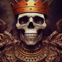 Human skull on dark natural mistery background. Royal skull in gold on the tron.