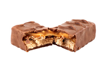 Chocolate bar with nougat on a white background. The bar is broken into two parts isolate