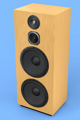 Hi-fi speakers with loudspeakers for sound recording studio on blue background.