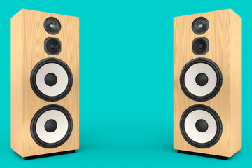 Hi-fi speakers with loudspeakers for sound recording studio on green background.