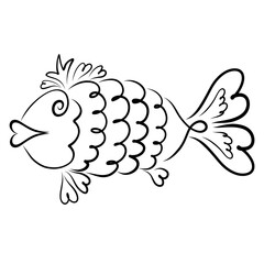 patterned fish in a crown, with hearts, black abstract outline on a white background