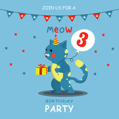 Fototapeta premium Card: Cheerful cat calls for a birthday celebration