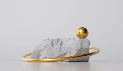 Abstract white stone rock with gold shapes. Product and cosmetic display showcase background. 3D Rendering