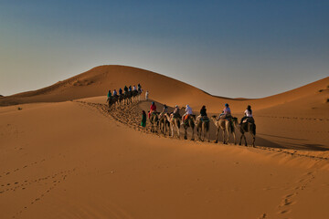 Fototapeta na wymiar caravan in the desert, trip from Merzouga, beautiful desert landscape