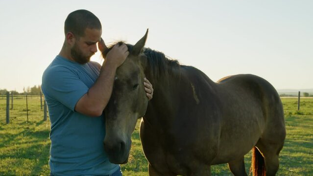 A farmer hugs his horse with rural landscape around and sunrise skyline in the background. Young, caucasian man in blue t-shirt pets beautiful animal. High quality 4k footage