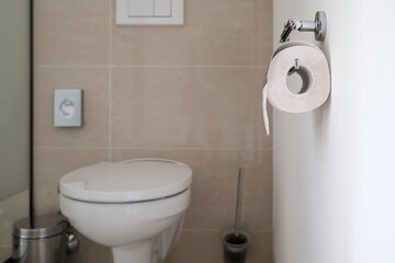 Roll of toilet paper on the holder, against the background of the toilet bowl in a modern bathroom. 