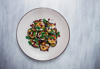 Fried eggplant, with white sauce, pomegranate seeds, top view, no people,