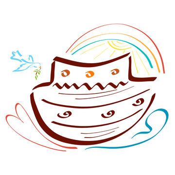 recommend clip art: noah's ark on waves, flying dove with twig, sun with rainbow and heart, colorful outline on white background