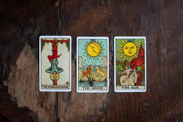 Tarot cards on the old wood table