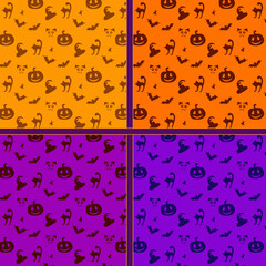 Seamless set of simple patterns with cute and funny doodle silhouettes on different backgrounds. Evil pumpkin, jack-o-lantern, black cat, bat, vampire cat, hat. Festive postcard design, packaging