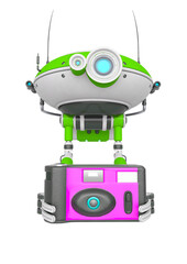 Fototapeta premium floating robot is holding an old fashion disponsable camera photographic