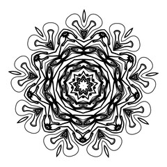 Abstract floral mandala in oriental style. Snowflake. Vector circular symmetrical illustration made with a line. A picture for coloring books for adults. Contour black and white drawing.