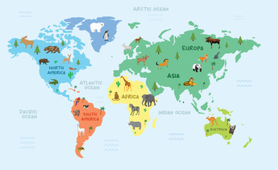 Mapa mundi con divisiones y animales, los cinco continentes y separado cada uno con su color.
