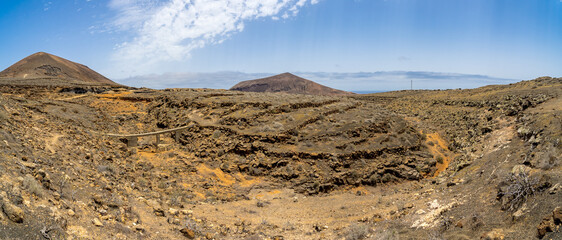 Typical natural landscape of Lanzarote. Panoramic view. A place called Stratified City. Canary Islands. Spain.