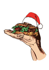 Vector drawing of human hand holding burger in Santa Claus hat,christmas  food element
