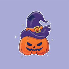 Cute cartoon pumpkin with witch hat vector illustration. Isolated character vector. Flat cartoon style