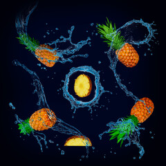 Juicy fruit pineapple in water, wallpaper for designers and illustrators