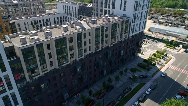 Drone aerial view modern building Residential complex Faina Town. Construction of residential premises. Kyiv capital of Ukraine