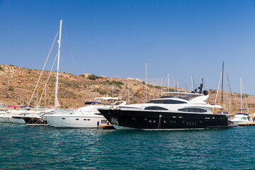 Yachts are anchored near Comino island, Malta
