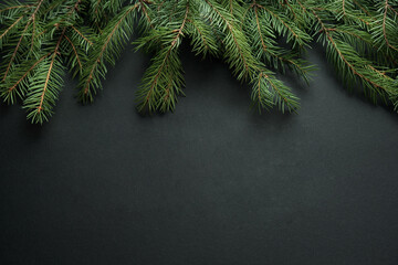 branches of spruce and pine on a black background with a place for the text mockup, the concept of the new year