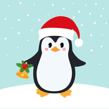 Penguin in Santa Claus red christmas hat. Winter background. Vector illustration.