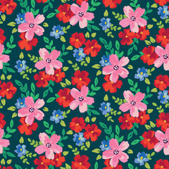 Seamless floral pattern, beautiful ditsy print with colorful meadow. Abstract composition of small hand drawn plants: various flowers, leaves. Pretty botanical surface design. Vector illustration.