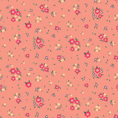 Seamless pattern, cute botanical print with abstract floral arrangement of small plants on a pink background. Liberty surface design with small flowers, leaves, pretty bouquets. Vector illustration.