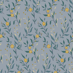 Seamless floral pattern with winter botany in vintage style. Abstract botanical composition with hand drawn wild plants: small flowers on branches, leaves on a blue background. Vector illustration.