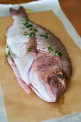 Process of cooking Dorado fish with olive oil and herbs. Female hands close-up.