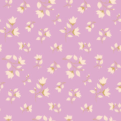 Fototapeta na wymiar Seamless floral pattern with decorative art twigs in vintage style. Delicate botanical print, abstract arrangement of simple flowers branches with small buds and leaves on a lilac background. Vector.