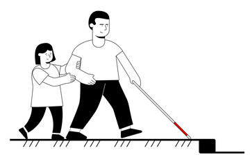Blind man with the stick, white cane, and with the help of volunteer walking through obstacles in city. White Cane Safety Day. Helping taking care of the blind by paving the way. Vector illustration