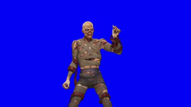 mummy is doing the funk dance on blue chroma key background close up view
