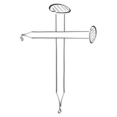 symbolic christian cross of two nails with drops of blood, black outline on white