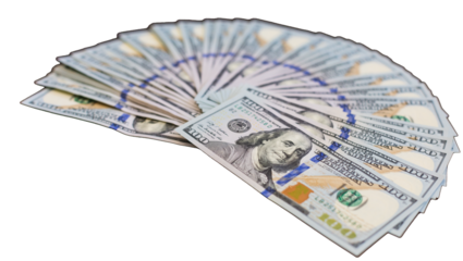 Fan of US 100 dollar banknotes on transparent background