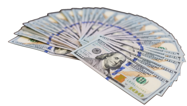 Fan of US 100 dollar banknotes on transparent background