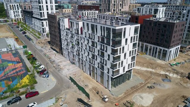Drone aerial view modern building Residential complex Nice town. Construction of residential premises. Kyiv capital of Ukraine