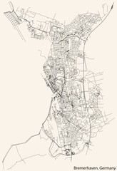 Detailed navigation black lines urban street roads map of the German regional capital city of BREMERHAVEN, GERMANY on vintage beige background