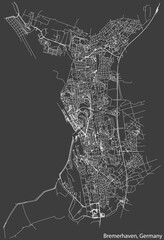 Obraz premium Detailed negative navigation white lines urban street roads map of the German regional capital city of BREMERHAVEN, GERMANY on dark gray background