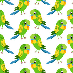 Obraz na płótnie Canvas Seamless budgerigar parrot bird bullfinches background for kids. Cute children design template. Bright icons for textile, wrapping paper, greeting cards or posters for kindergarten