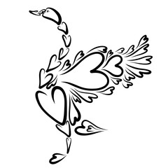 standing swan made of hearts flap wings, creative romantic black pattern on white background