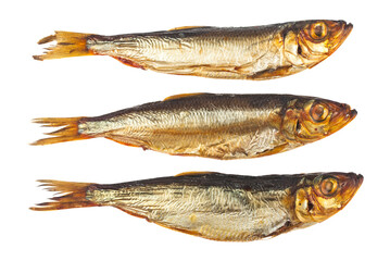 Smoked capelin fish isolated on white background.