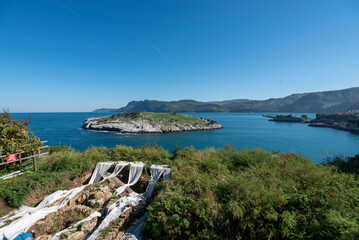 Amasra seascape, rock formations and cityscape of amasra city with blue sky and sea