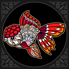 Colorful goldfish zentangle arts isolated on black background