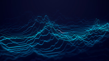 A dynamic wave of digital particles. Network connection. Abstract technological blue background. Visualization of big data. Wave flow. 3d rendering.